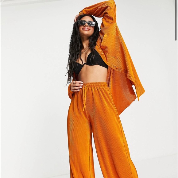 ASOS South Beach plisse oversized beach shirt co ord in high shine copper - Picture 4 of 6